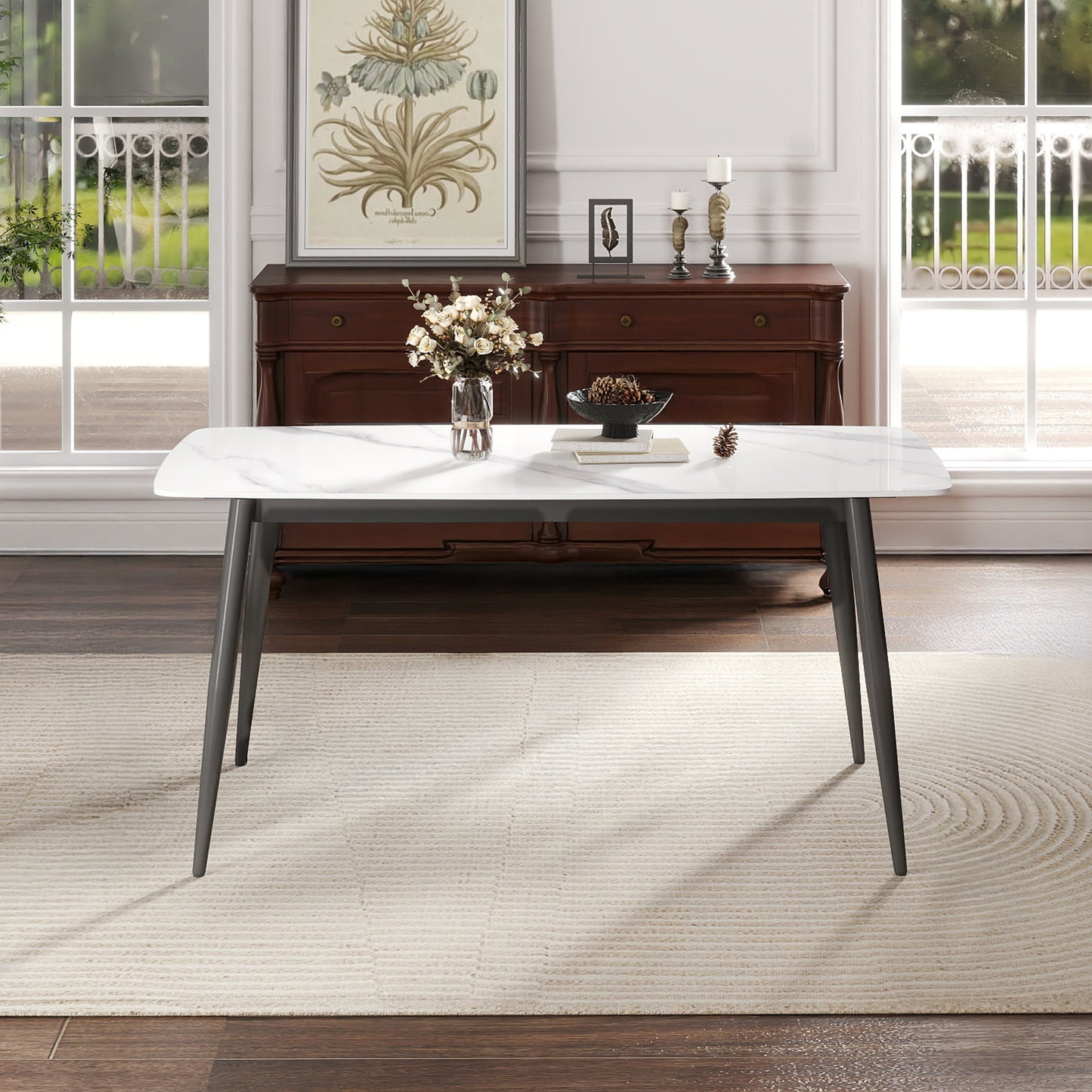 62.99  Modern Artificial Stone White Curved Edge Dark Grey Metal Leg Dining Table-Can Accommodate 6 People Dining Table Only