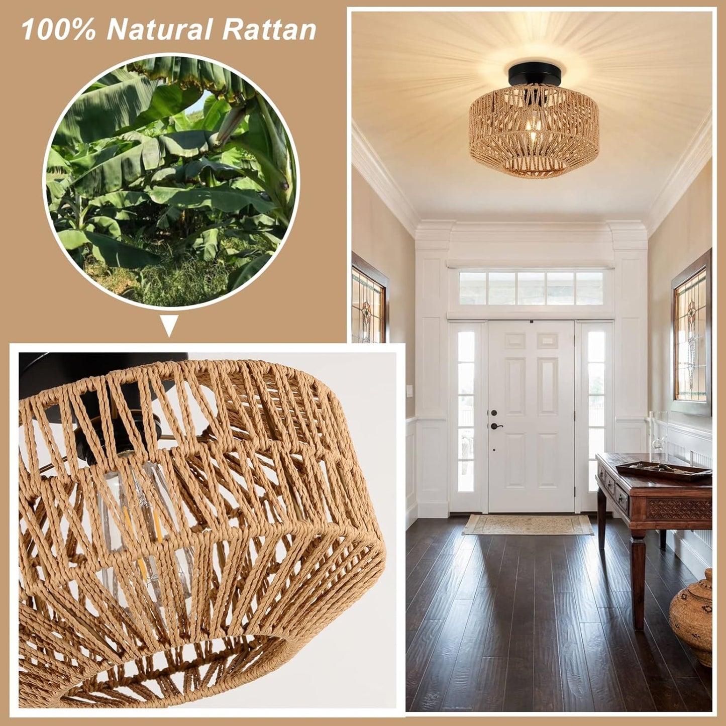 Boho Light Fixtures Ceiling Mount,Mini Rattan Chandelier Light Fixture With Dimmable LED Bulb,Hand W