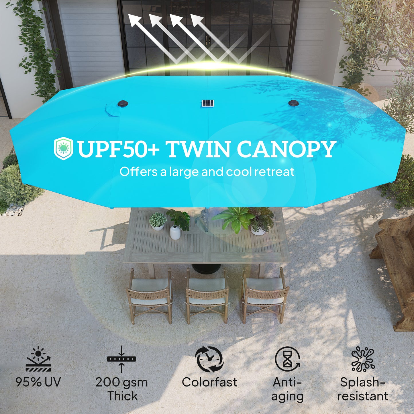15ft Double-Sided Outdoor Umbrella With Solar Lights, Extra Large Aluminum Patio Umbrella With Crank, Blue