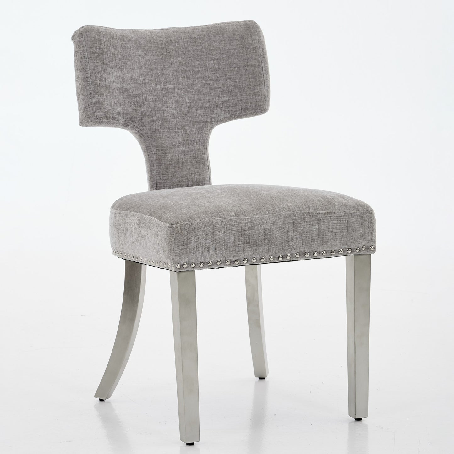 Mid Century Modern Dining Chairs Set Of 2, Farmhouse Chenille Fabric Upholstered Accent Chair Curved Backrest With Copper Nails Around,Kitchen Chairs With Silver Brushed Stainless Steel Legs, Gray