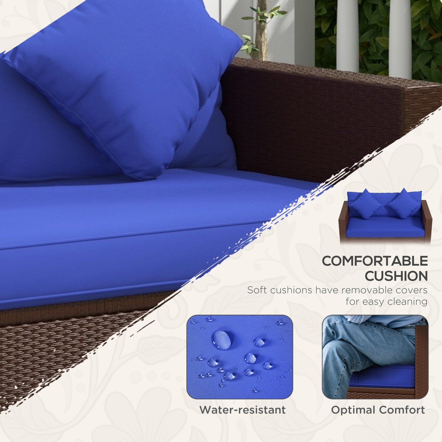Wicker Loveseat, Patio Furniture Couch with Cushions, 2 Seat PE Rattan Sofa, 2 Throw Pillows, Blue