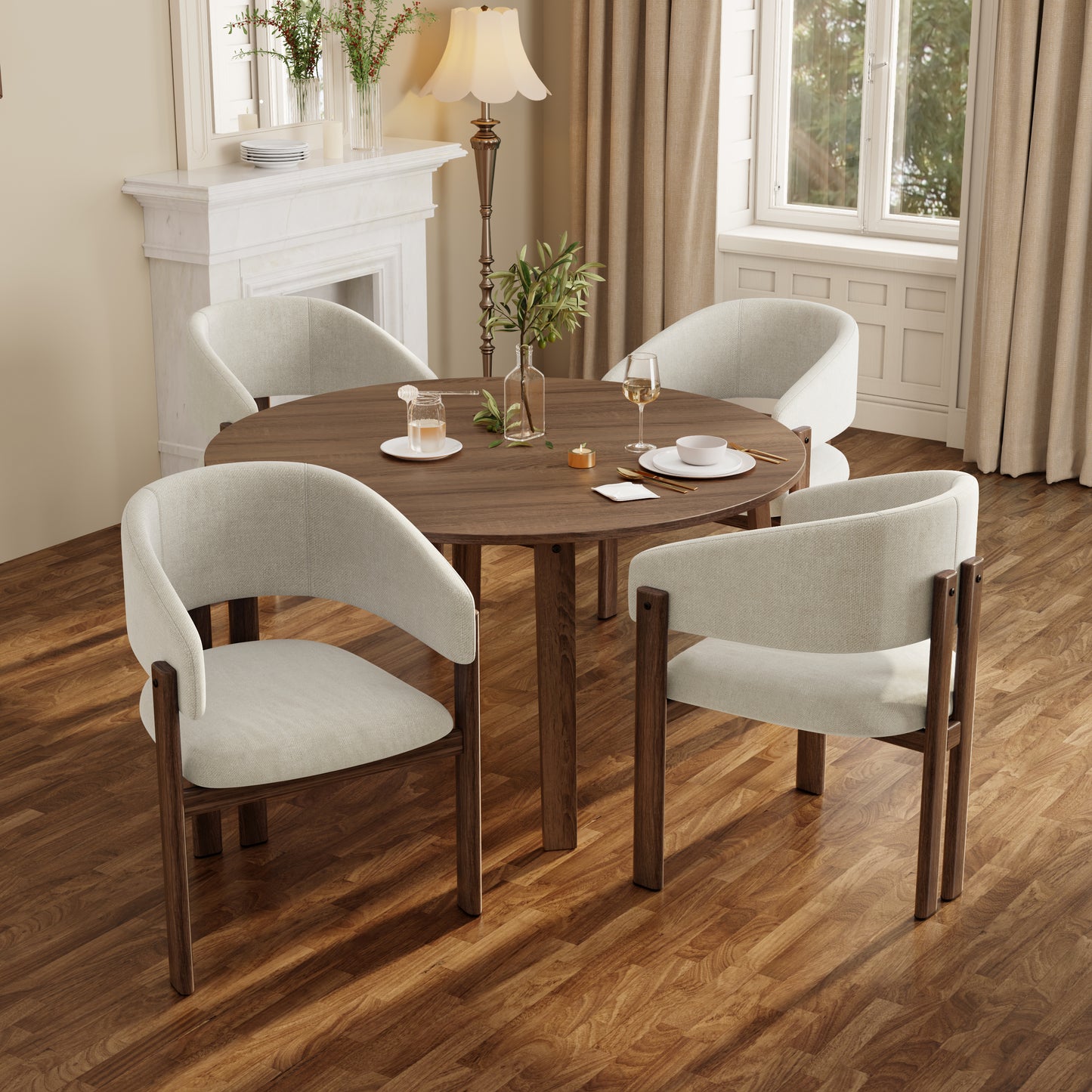 Set Of 4, Metal Chairs, Dining Chairs, Suitable For Homes, Restaurants, Living Rooms, And Cafes, Linen, Walnut Wood Color