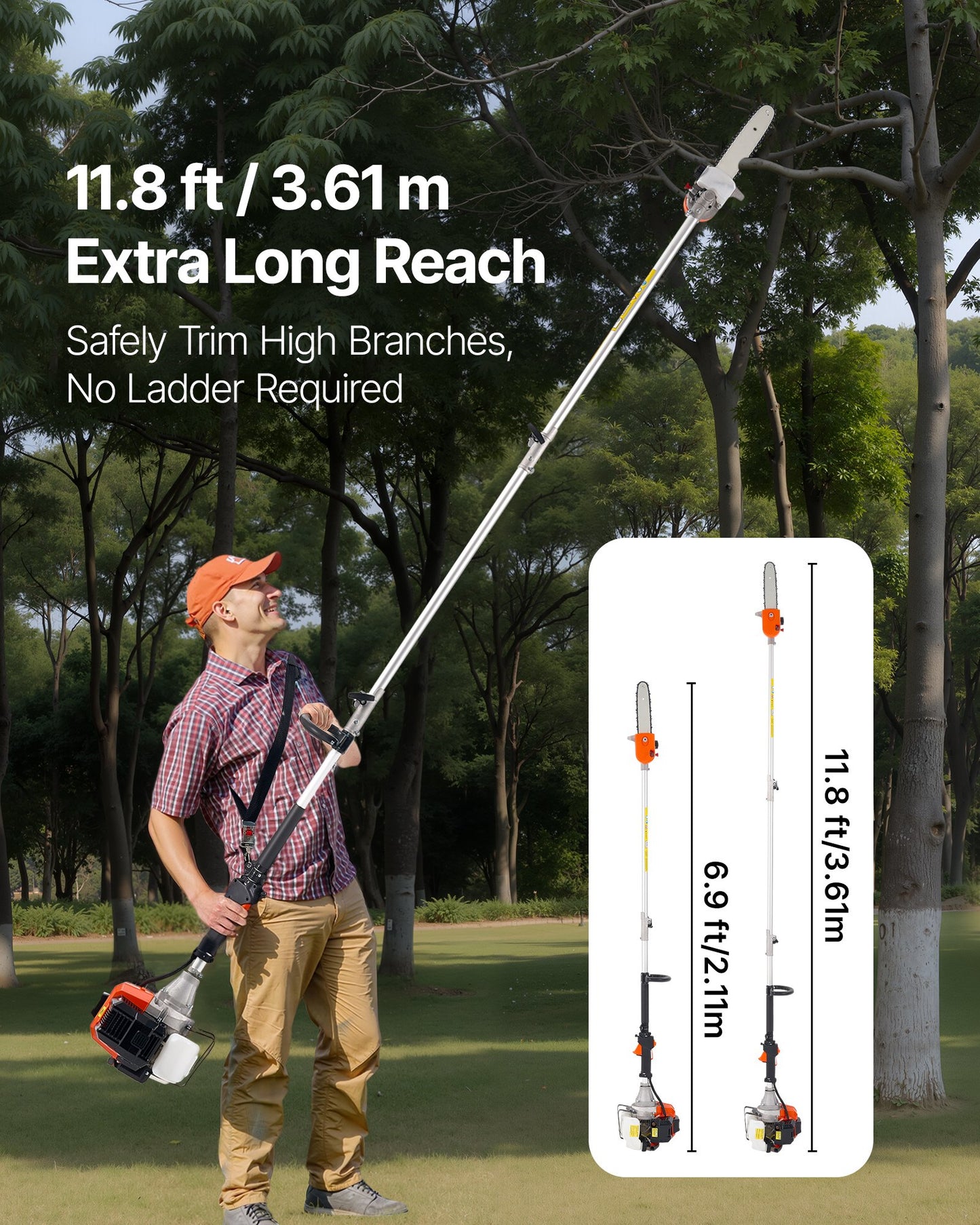 Gas Powered Pole Saw Rotatable Head 43CC 2-Stroke Tree Trimmer 10 In Cutting Bar