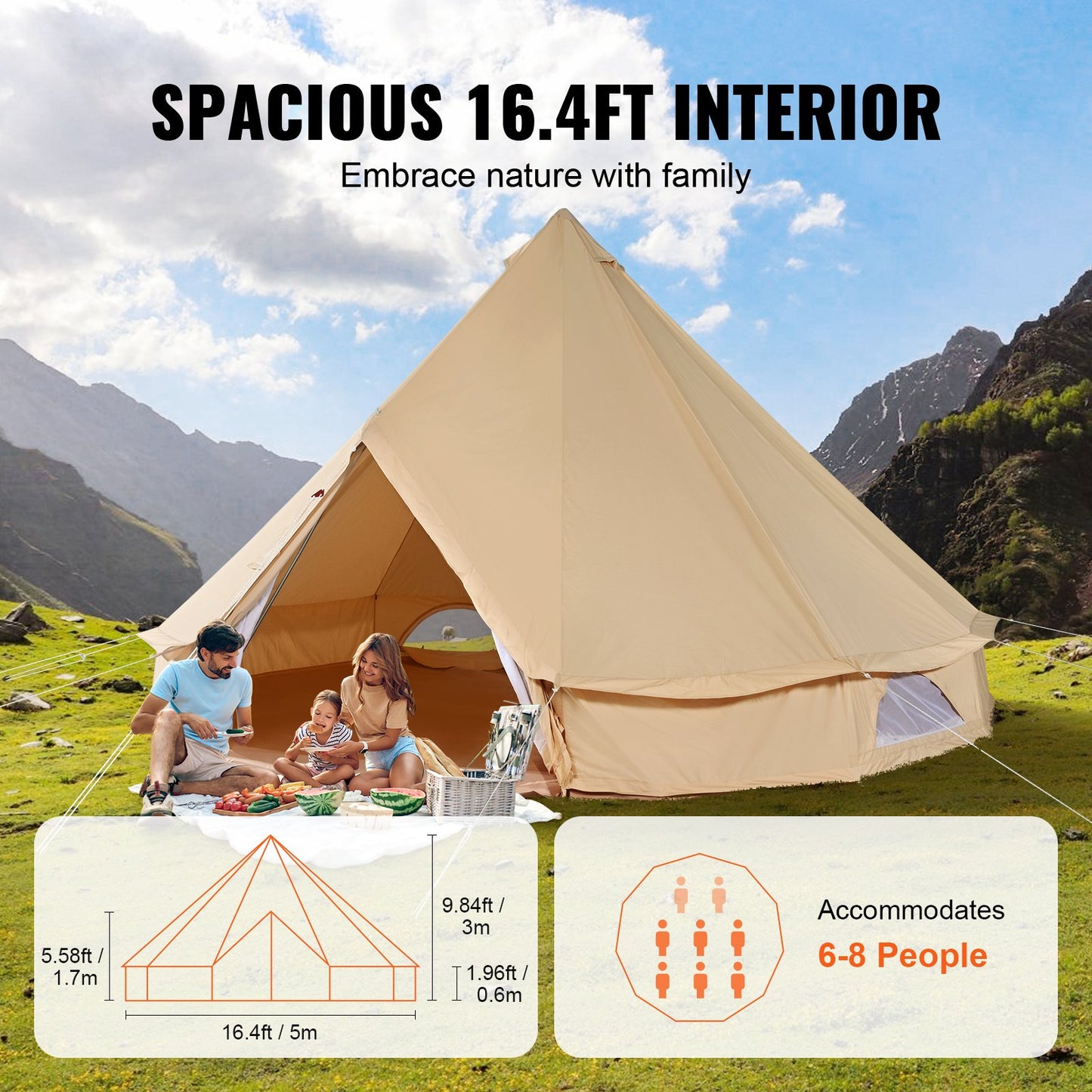 8-10 Person Canvas Glamping Bell Tent, Breathable Waterproof Yurt Tent With Stove Jack And Detachable Side Wall For Family Camping,16'x16'x118 "(Diameter 5M)