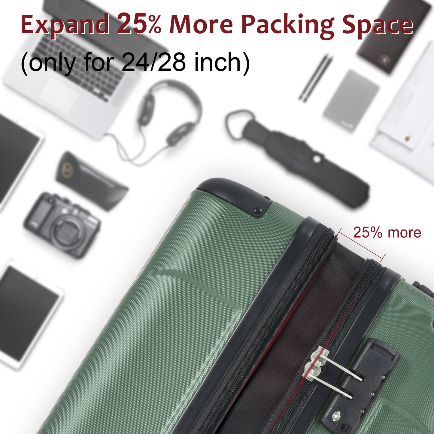 Hardshell Luggage, Lightweight Durable ABS Suitcases With Double Wheels, Expandable 28-inch Checked Luggage 28 Green