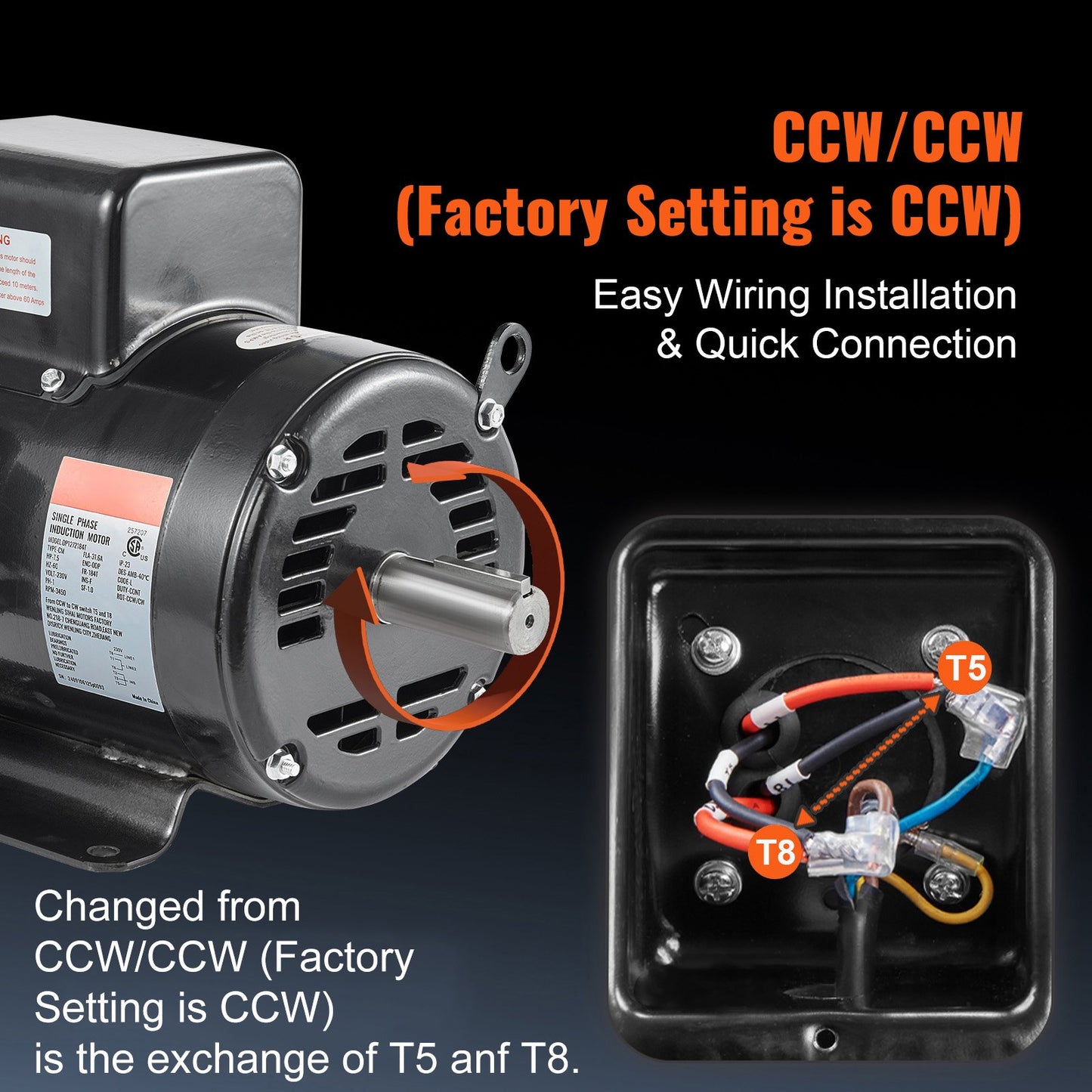 7.5HP Air Compressor Electric Motor 230V 31.6A 3450RPM 184T Frame CW/CCW Rotate (Factory Setting Is CCW)