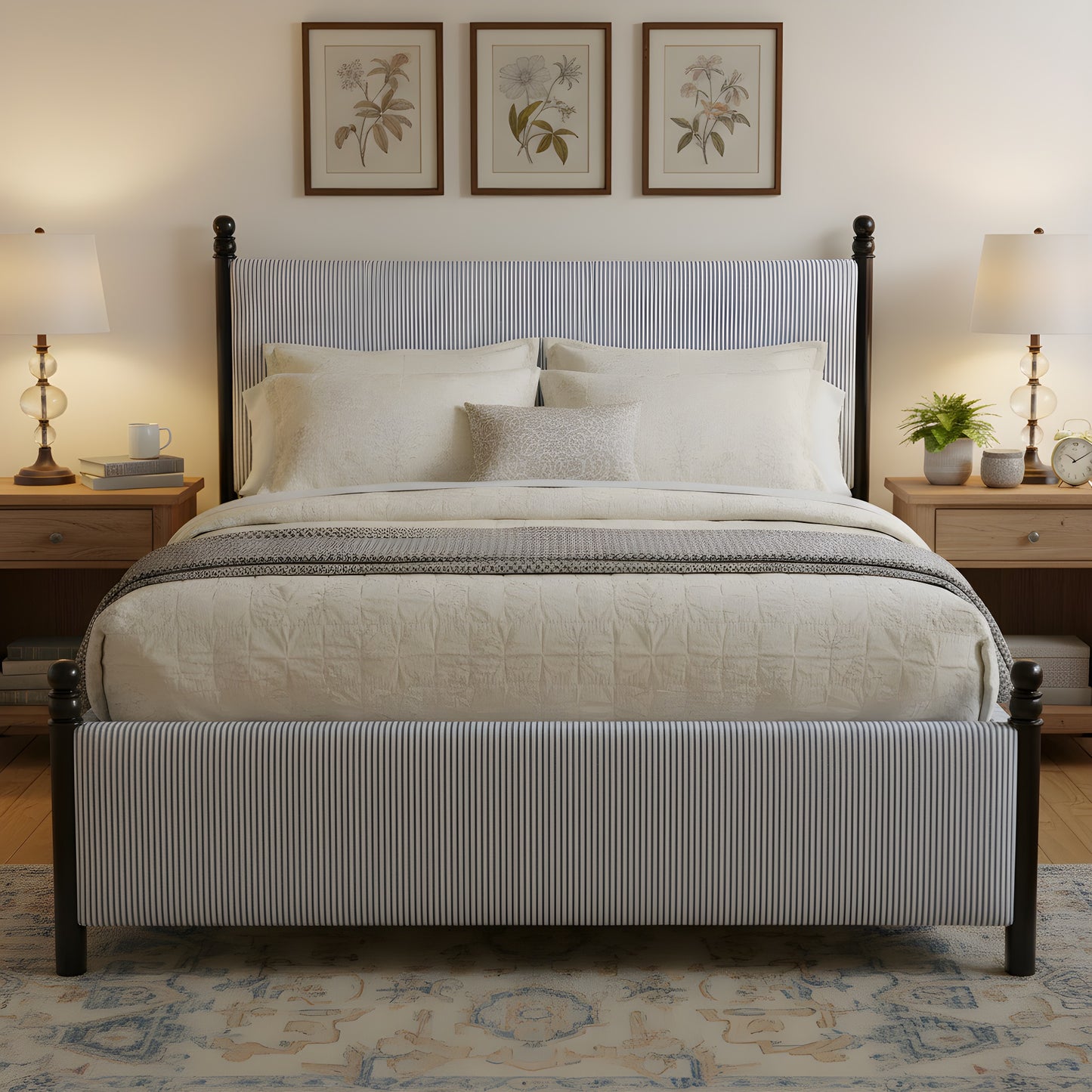 48-inch Striped Rubberwood Upholstered Bed,Queen