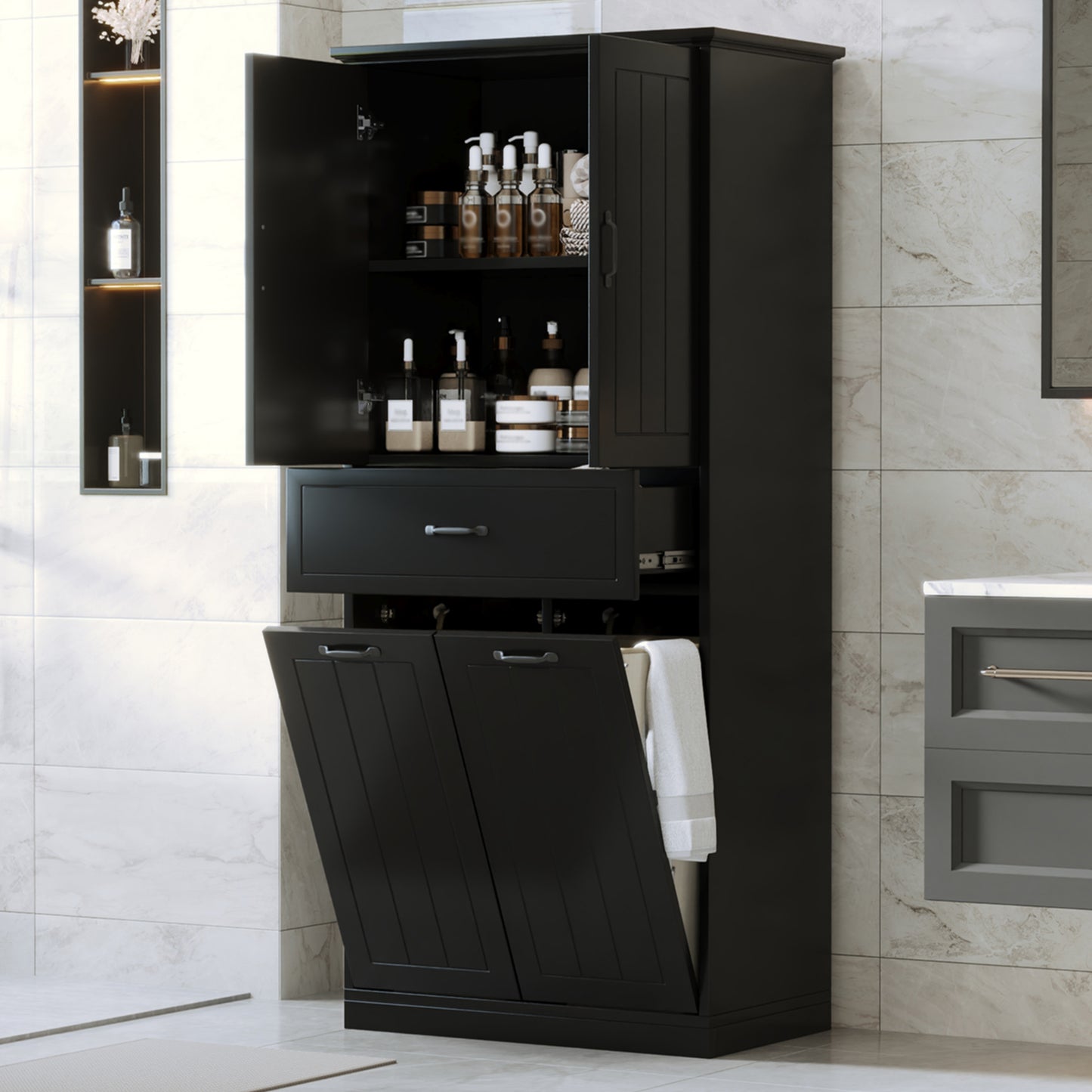 Bathroom Storage Cabinet With Two Laundry Baskets, Storage Cabinet With Doors And Drawer For Home, Black