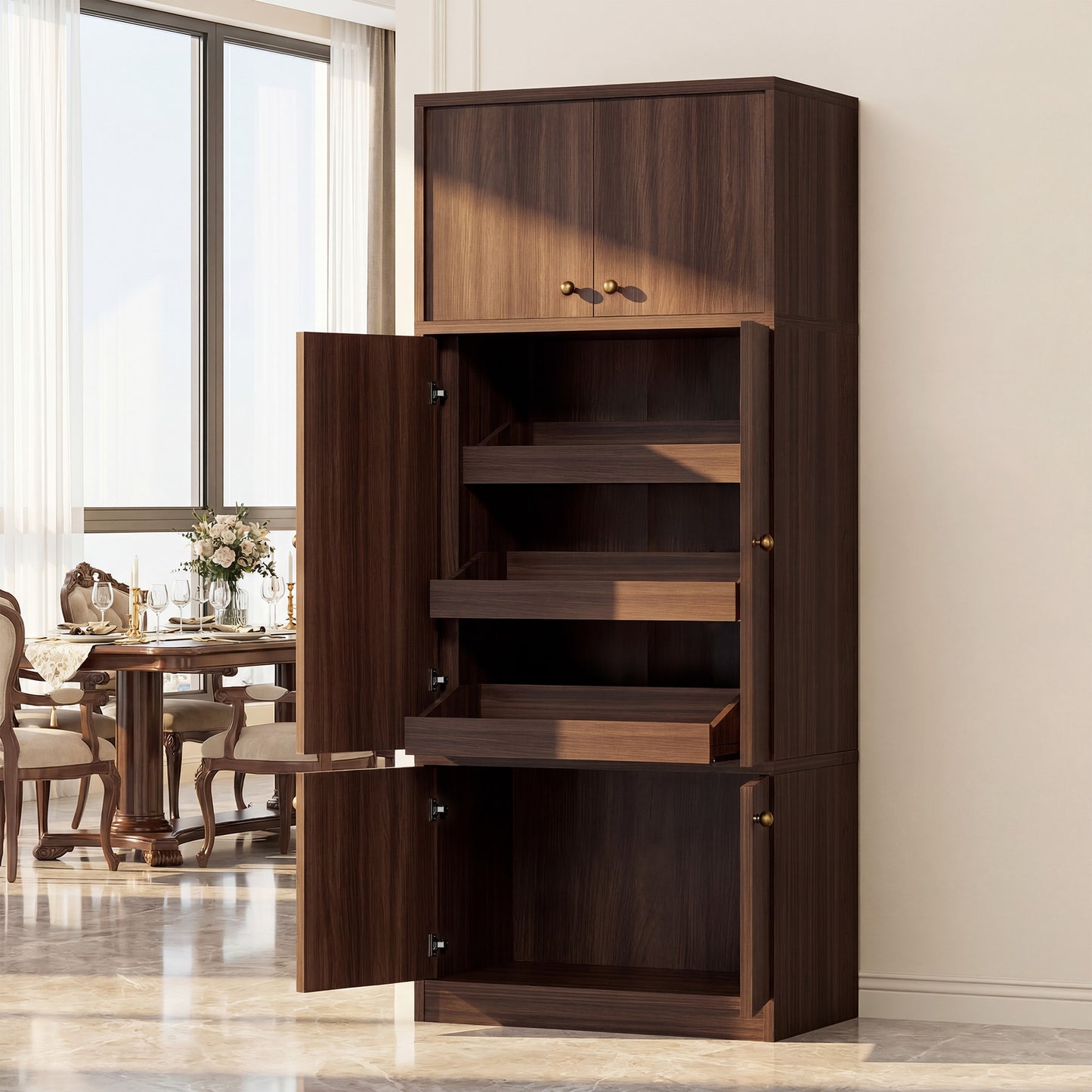 Tall Kitchen Pantry Cabinet 71 Inch Freestanding Storage Cabinet With Doors And Shelves, Adjustable Shelves, E1-Grade Wood, Walnut For Kitchen Pantry, Pantry Cabinets For Kitchen Storage