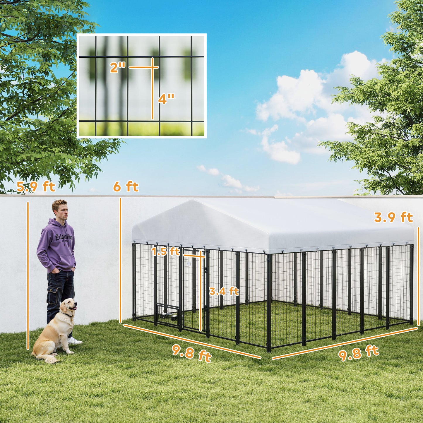9.8' x 9.8' x 6' Outdoor Dog Kennel, Dog Kennel Outside Run with 360° Rotating Bowls, Waterproof & UV Resistant Cover