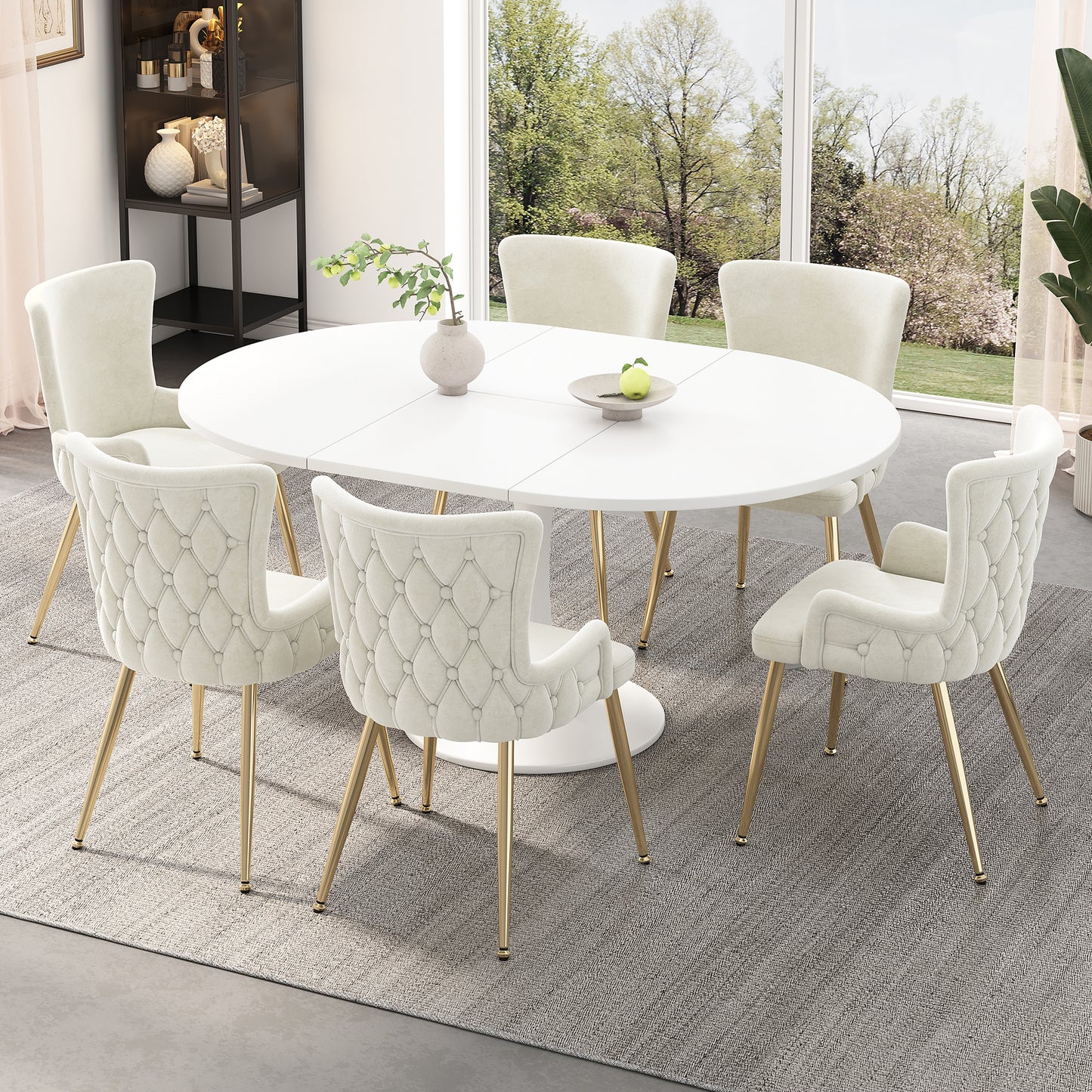 Velvet Dining Chair, Set Of 6, Luxurious Living Room Bedroom Lounge Chair With Four Gold-colored Metal Support Legs, Beige