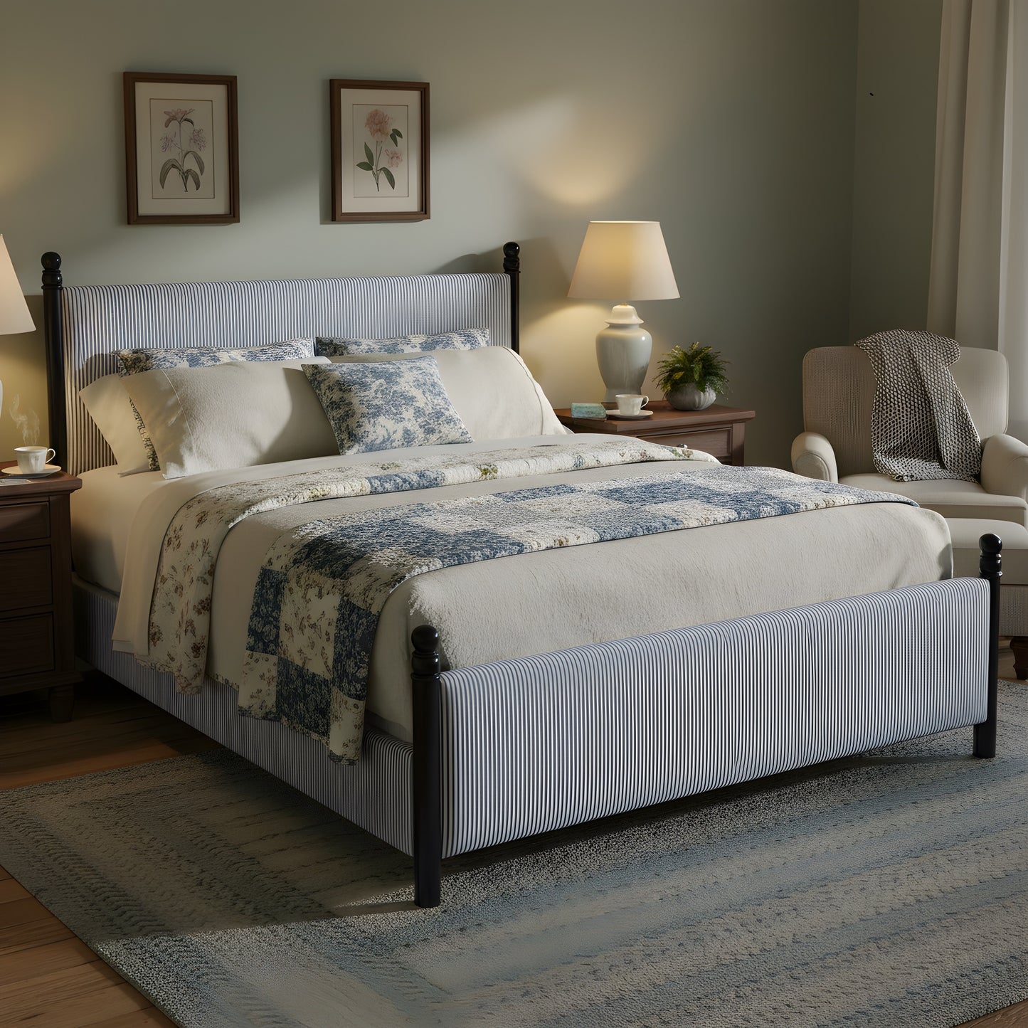 48-inch Striped Rubberwood Upholstered Bed,Queen