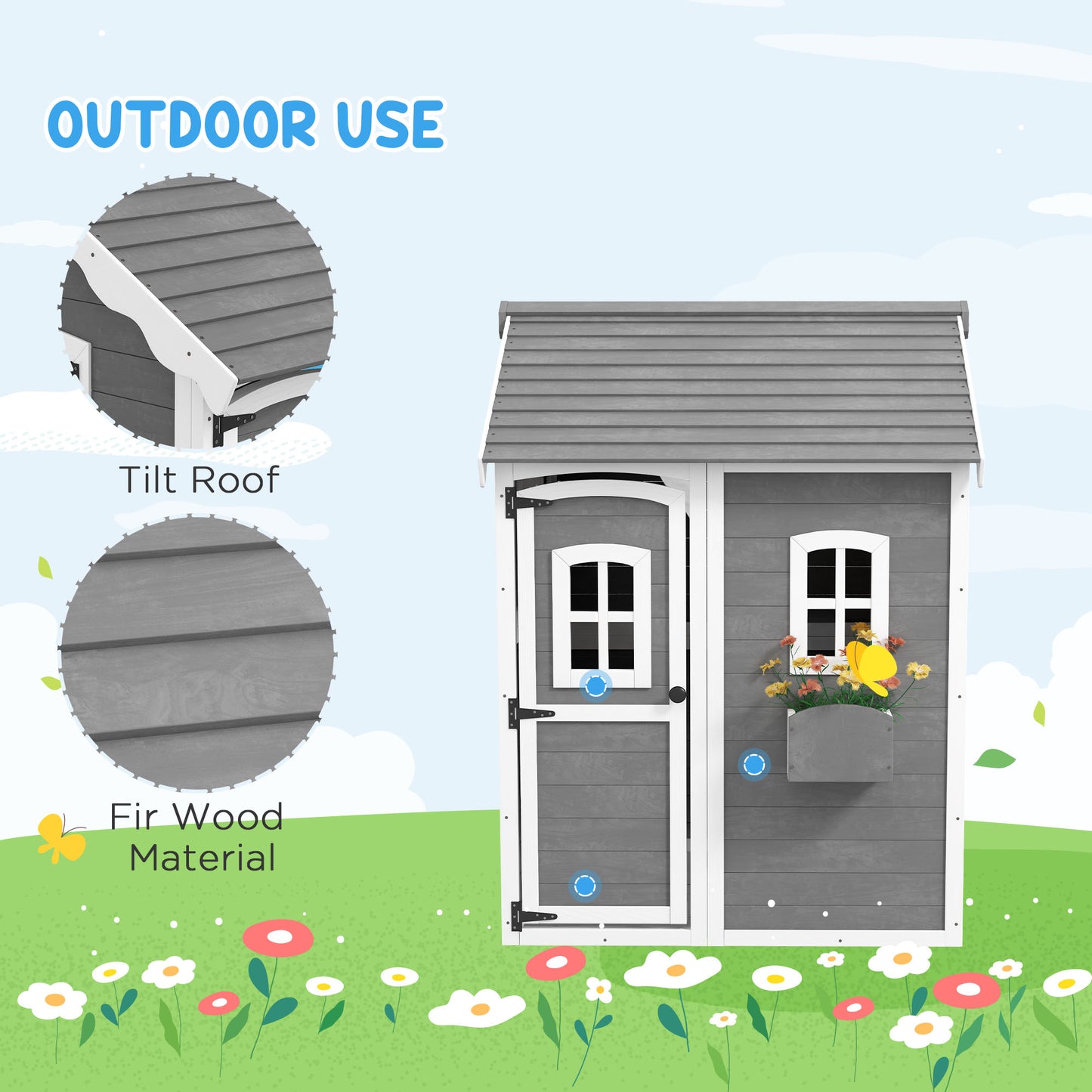 Outdoor Wooden Playhouse for Kids with Floor, Door, Windows, Planter Box for 3-8 Years Old, Backyard, Lawn, Garden