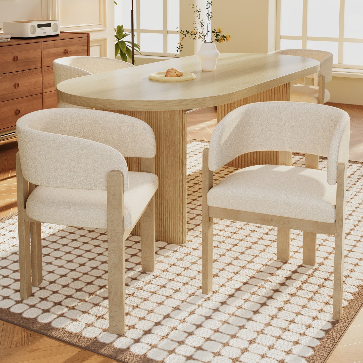 Set Of 6, Solid Wood Chairs, Dining Chairs, Suitable For Homes, Restaurants, Living Rooms, And Cafes, Boucle, Natural Color