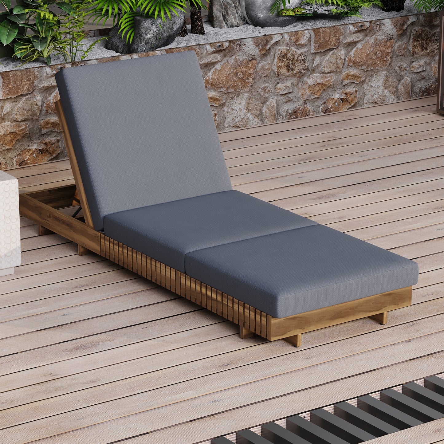 Outdoor Chaise Lounge Chair With 6-Position Adjustable Backrest,Acacia Solid Wood,TEAK COLOR  Only LOUGNE FRAME, Not Include Cushion