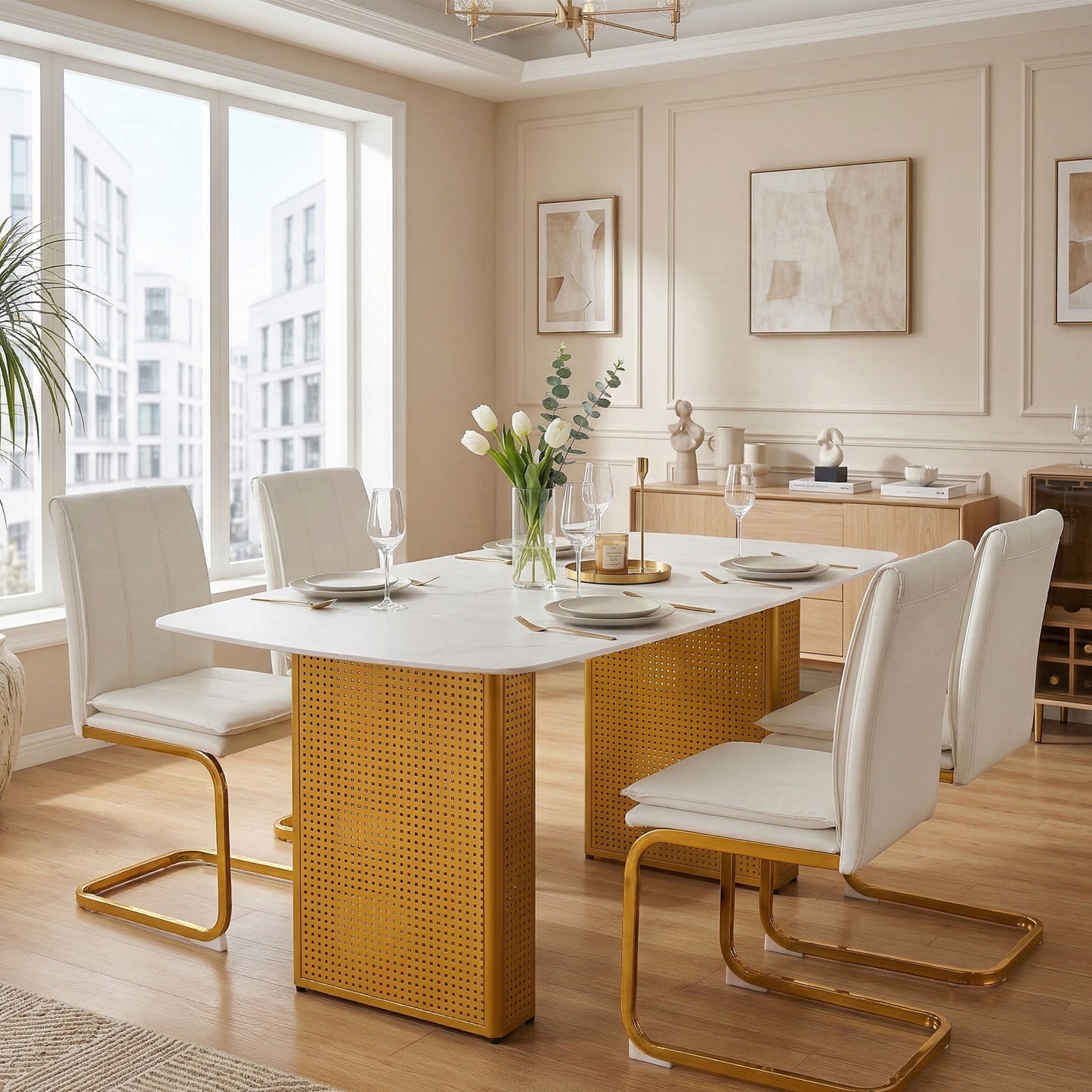 Modern Rectangular Tempered Glass Dining Table, Marble-Patterned Design With Gold Dual-Pedestal Metal Base, Ideal For Dining Room & Home Office