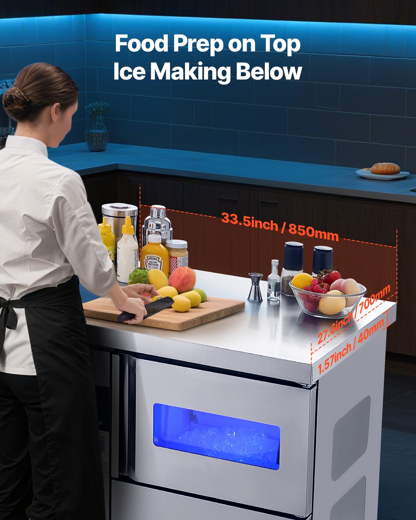 Commercial Ice Maker Machine, 132 Lbs/24H Stainless Steel Ice Machine With Worktop, 30 Lbs Storage & 70 Cubes/Cycle, Self-Cleaning Freestanding Ice-Making For Home Bar Office Restaurant Kitchen
