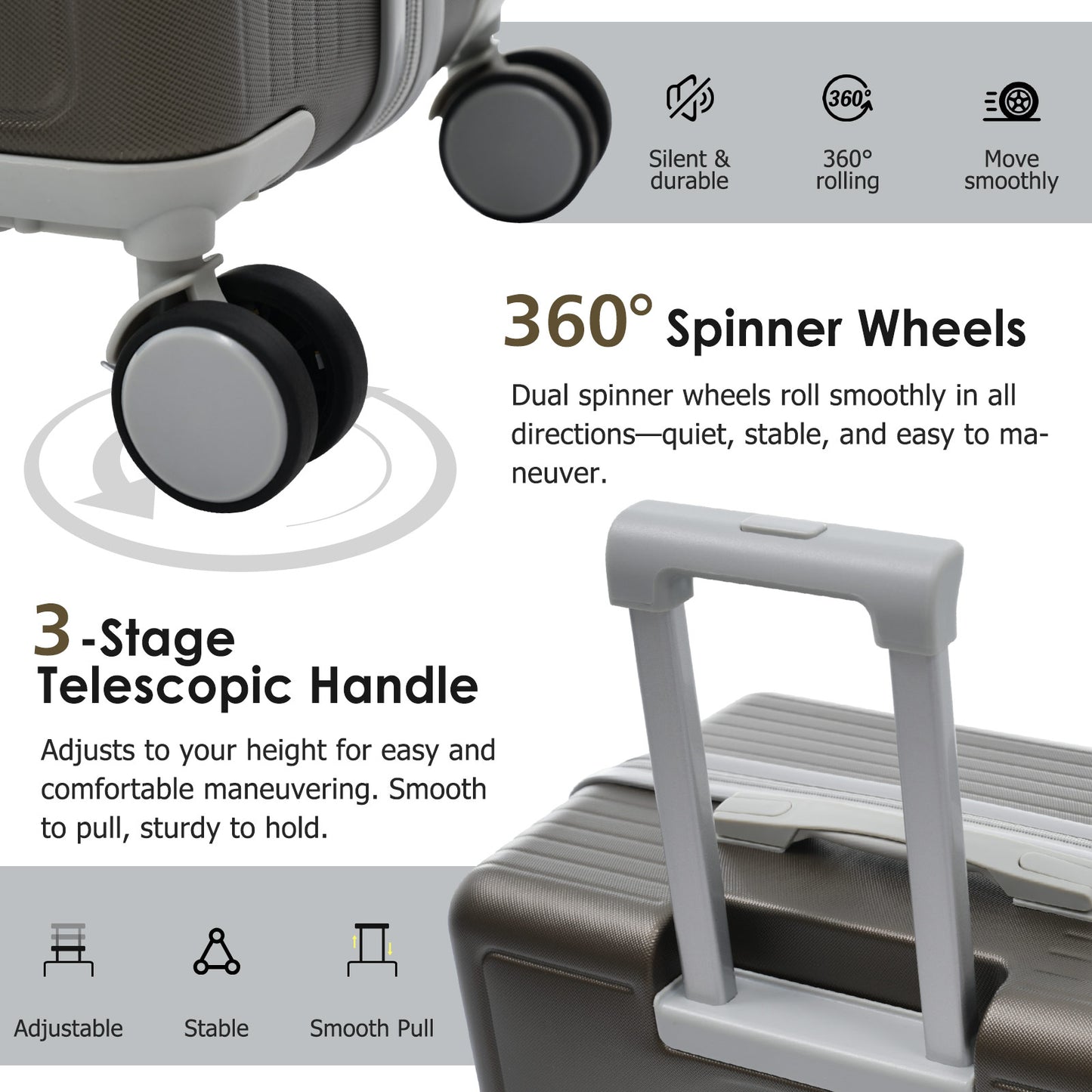 Luggage Set 3 Piece, Lightweight Durable ABS Suitcases With Spinner Wheels And TSA Lock, Carry-on & Checked Travel Luggage 20-24-28