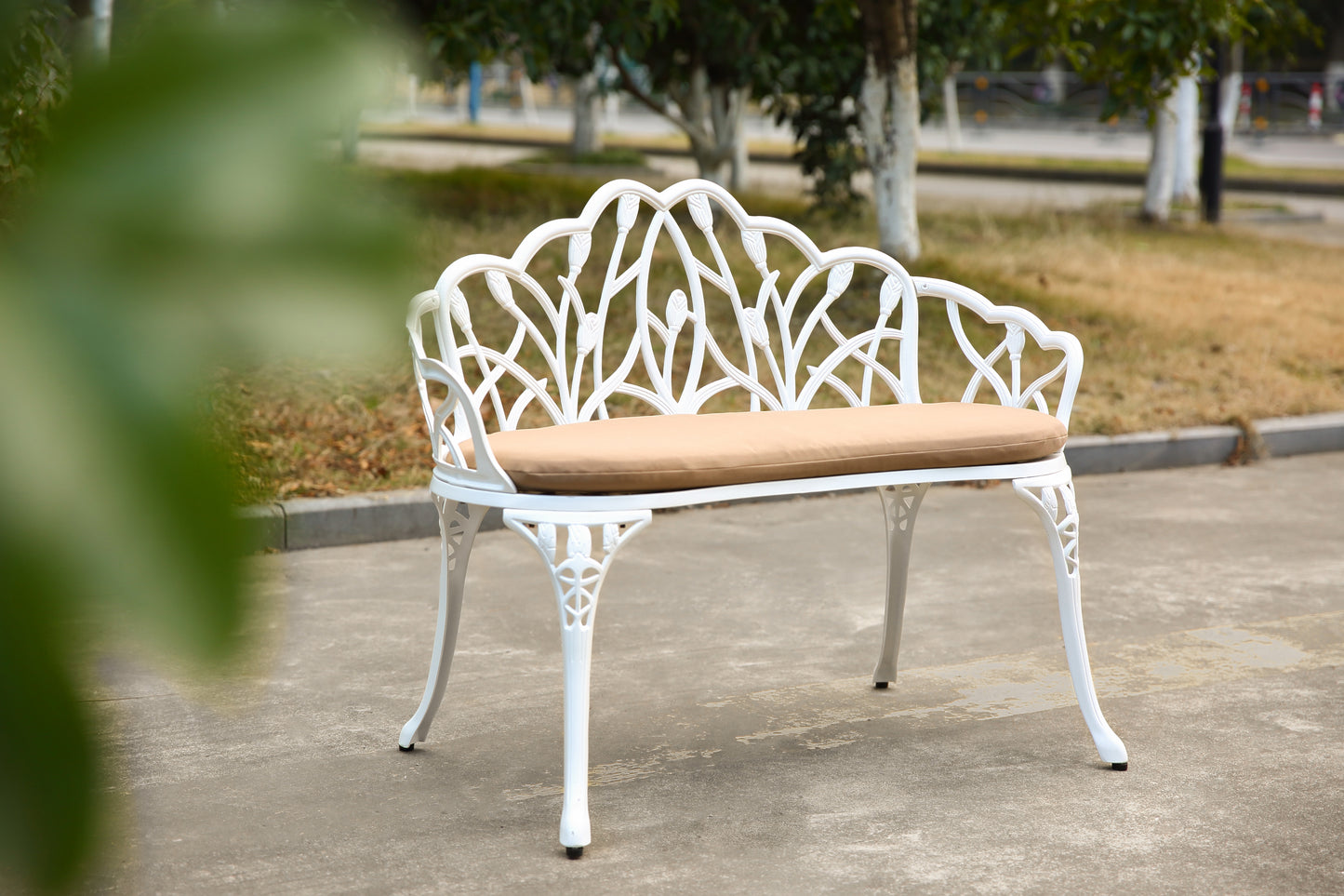 Tulip Patio Garden Bench Metal Park Bench Cast Aluminum Outdoor Furniture With Floral Rose For Patio,Park,Lawn,Yard With Cushion