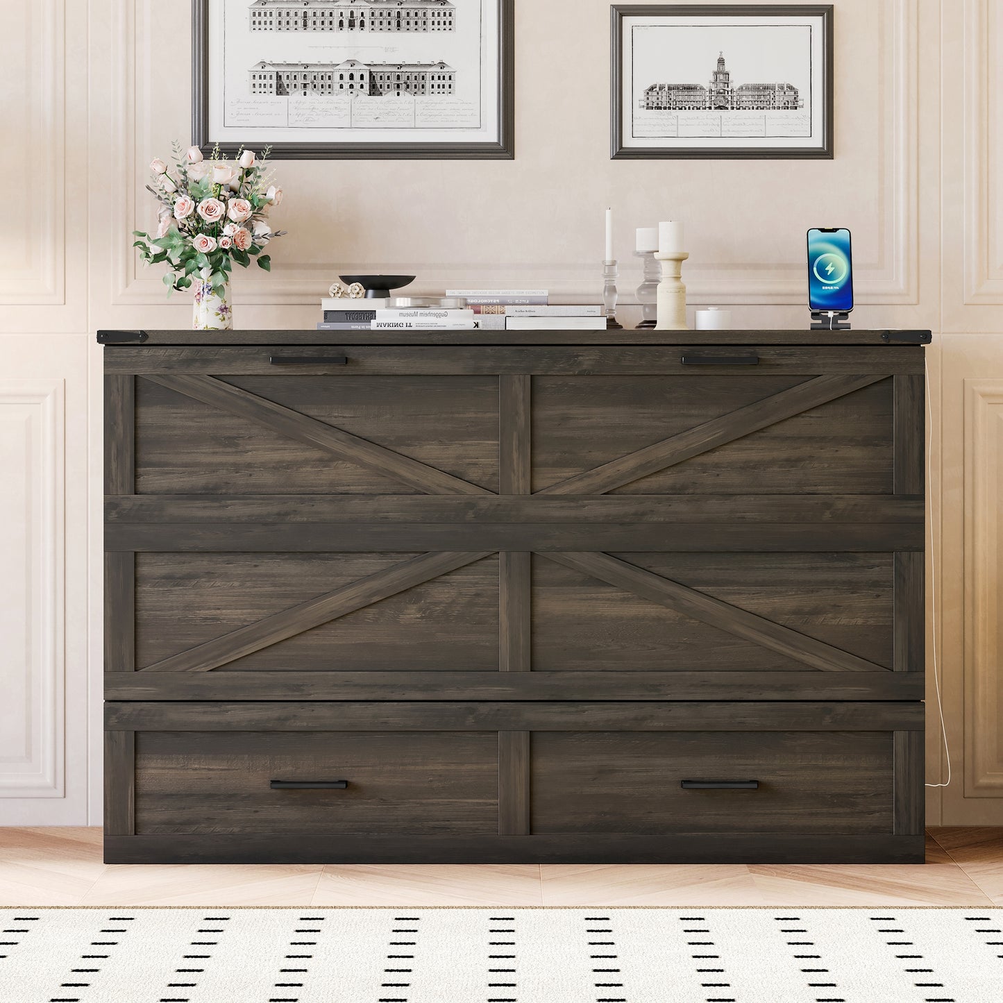 Queen Size Farmhouse Murphy Cabinet Bed With Charging Station, Foldable Platform Bed With Large Storage Drawer For Guest-Room, Small Bedroom, Rustic Gray