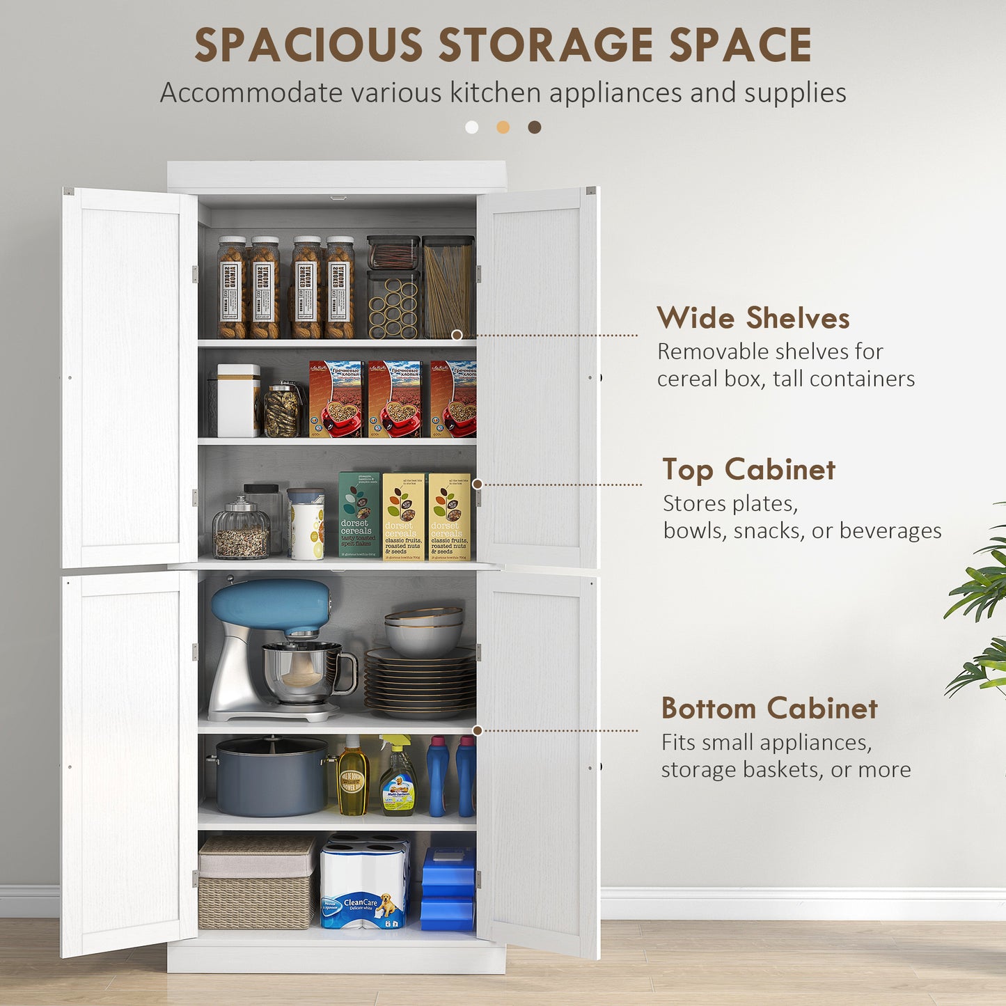 72" Kitchen Cabinet, Pantry Storage Cabinet with Doors and Shelves, Freestanding Food Pantry Cabinet, White Wood Grain