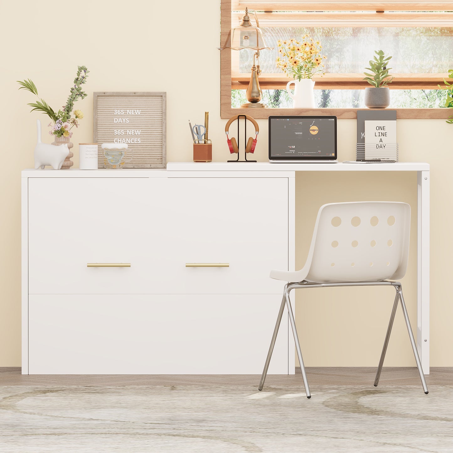 Twin Size Murphy Cabinet Bed With Adjustable Position Desk, Murphy Chest Dresser Bed With Foldable Cushion For Guest Room,Small Space, White