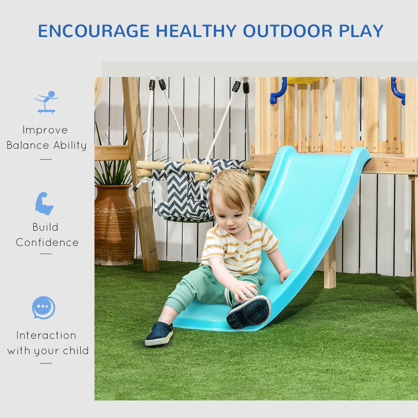 Swing Set for Backyard, Wooden Toddler Outdoor Playset with Baby Swing Seat, Kids Slide, Fort, Playground Equipment with Captain's Wheel, Telescope for Ages 1.5-4, Natural