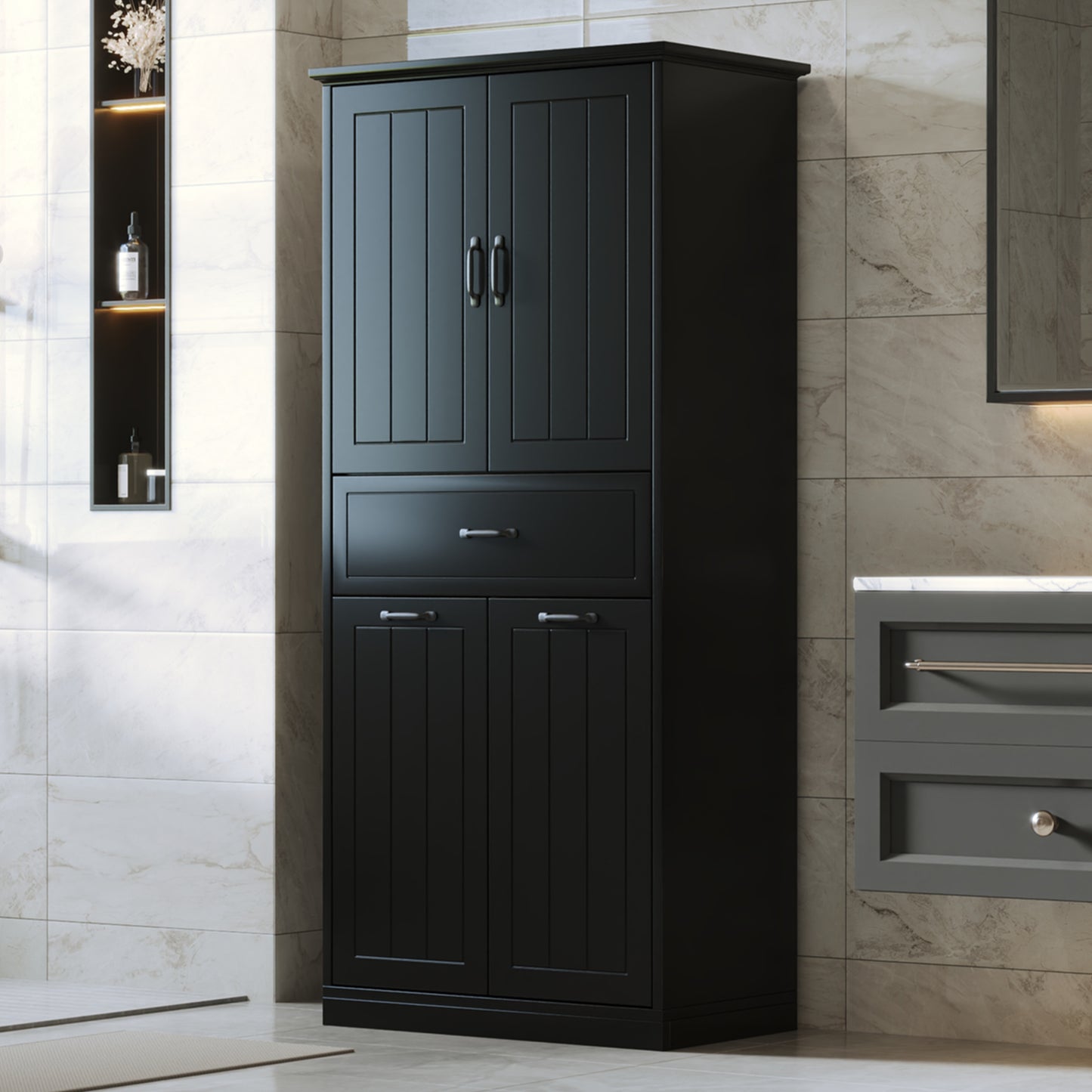 Bathroom Storage Cabinet With Two Laundry Baskets, Storage Cabinet With Doors And Drawer For Home, Black