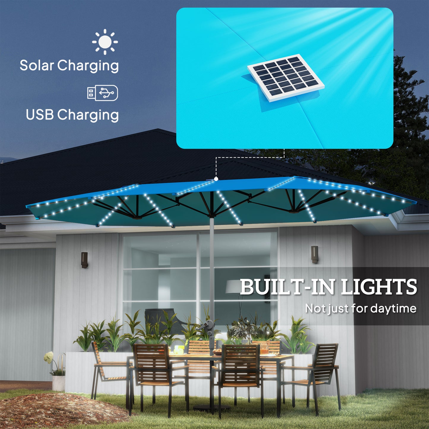 15ft Double-Sided Outdoor Umbrella With Solar Lights, Extra Large Aluminum Patio Umbrella With Crank, Blue