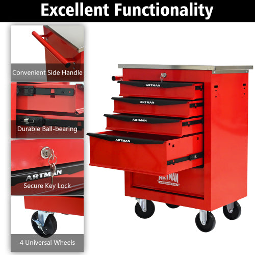 5 Drawers Multifunctional Tool Cart With Wheels,Metal Rolling Tool Cart Storage For Garage Workshop Warehouse Repair Shop--With Stainless Steel Roof--Red  Black