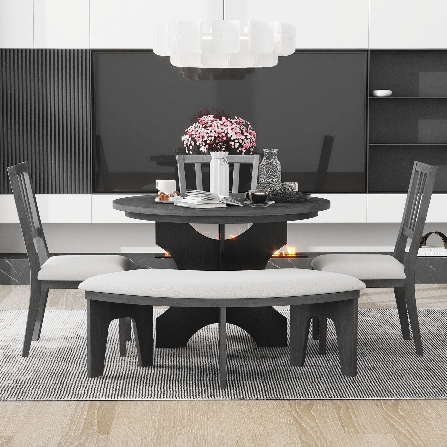 TREXM 5-piece Rustic Charm Round Dining Set With 3 Upholstered Chairs And Curved Bench For Dining Room  Kitchen And Living Room  Gray