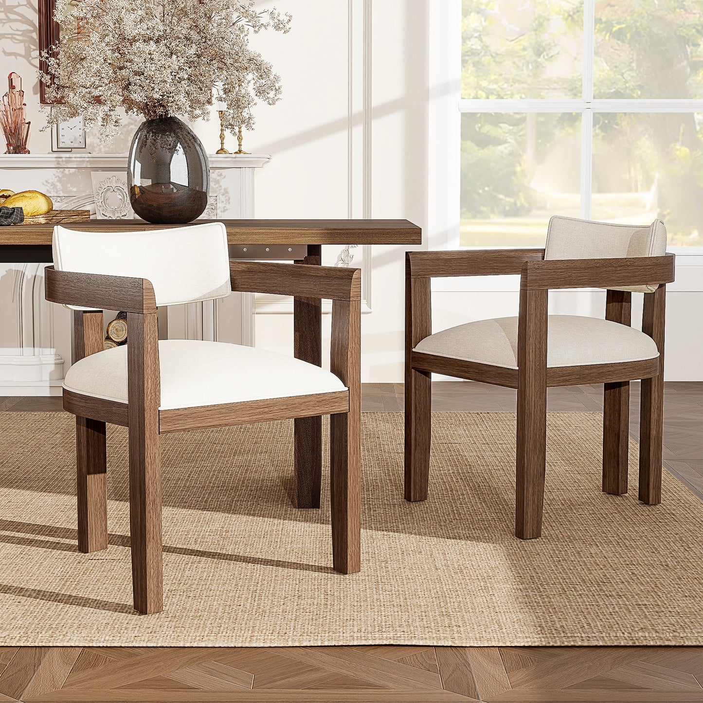 Set Of 4, Solid Wood Chairs, Dining Chairs, Suitable For Homes, Restaurants, Living Rooms, And Cafes, Linen, Walnut Wood Color