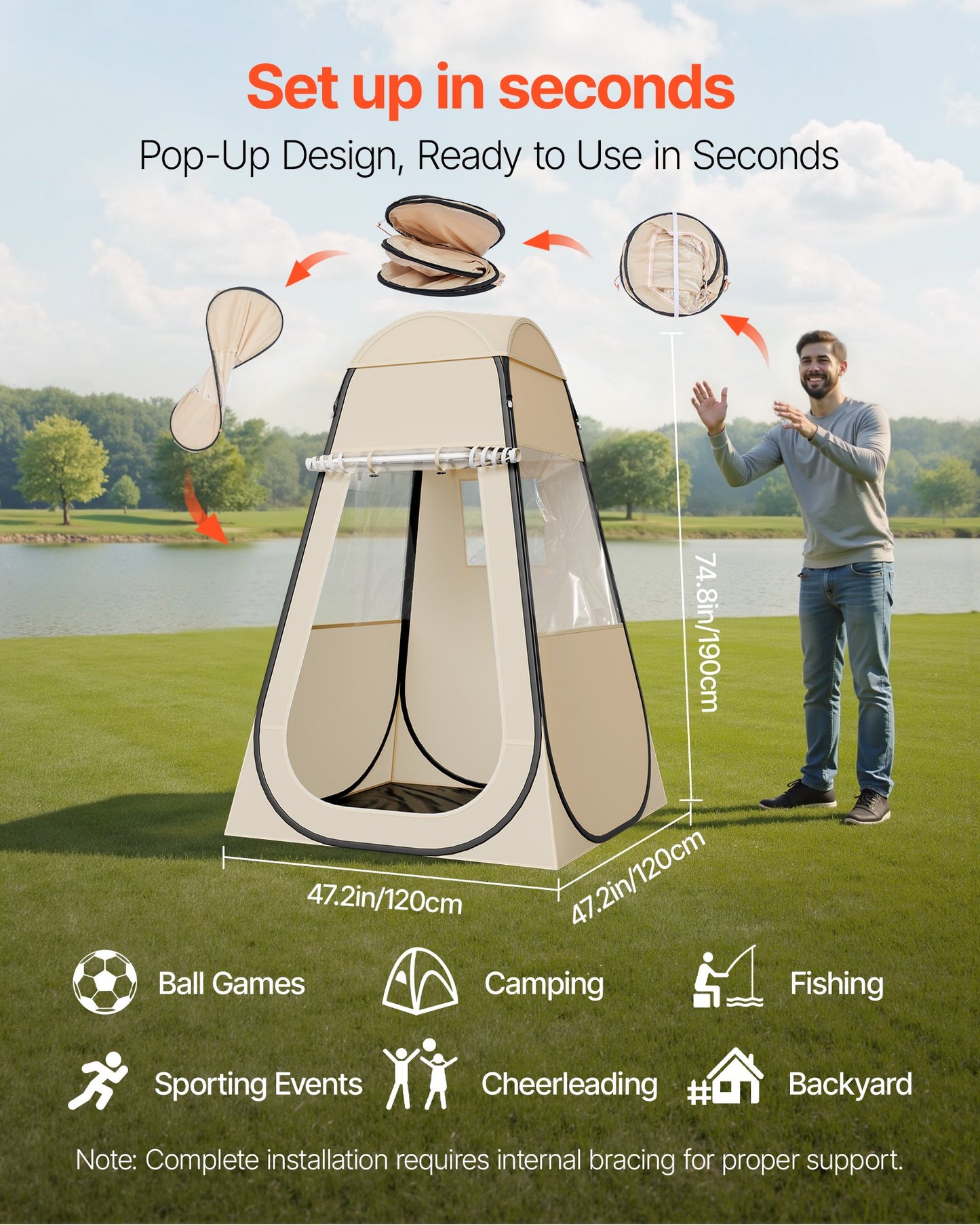 Pop Up Sports Tent, 47x47 In Clear Bubble Tent For 1 Person, Waterproof Outdoor Pod With Floor Mat & Top Cover, Garden Igloo Dome Tents Camping Shelter For Events Fishing Cheering