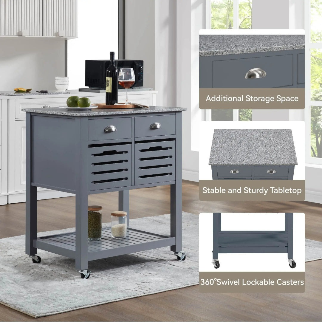 Mobile Rolling Kitchen Island Trolley Serving Cart With Underneath Drawer & Slide-Out Wire Storage Basket