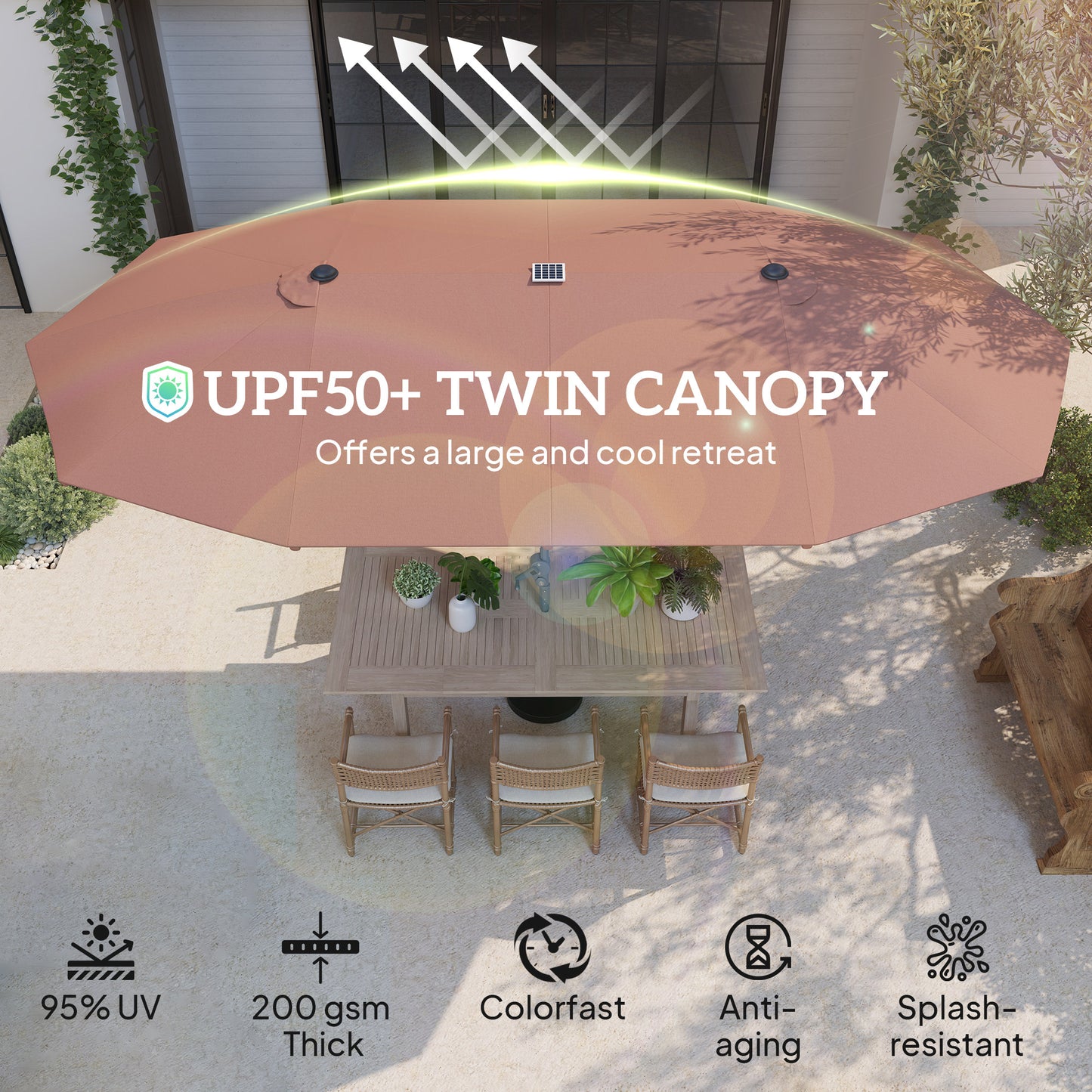 15ft Double-Sided Outdoor Umbrella With Solar Lights,  Extra Large Aluminum Patio Umbrella With Crank, Tan