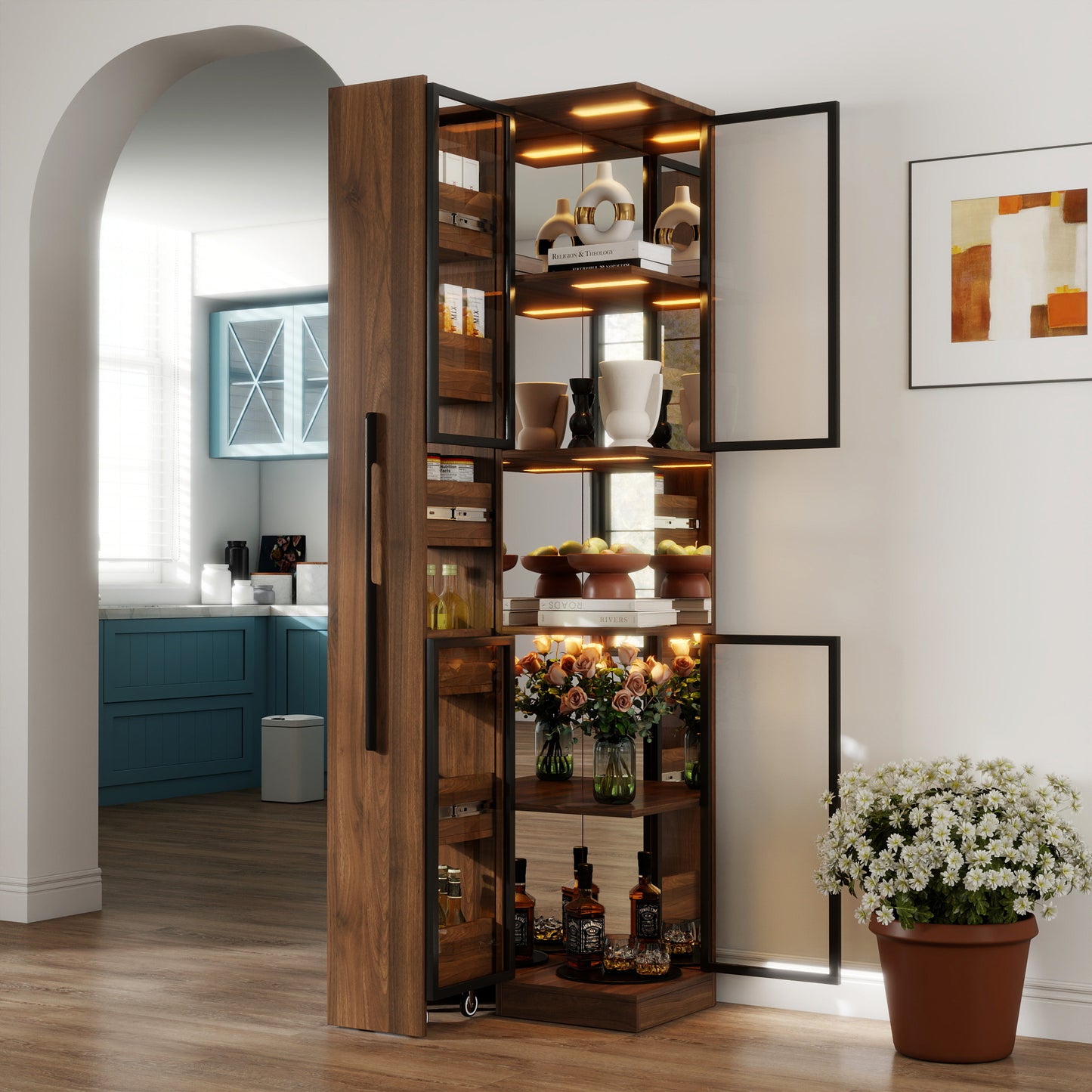 70 Display Cabinet With Glass Doors And Lights, With Multi-functional Pull-out Multi-tier Storage Shelf , Wooden Display Storage Cabinets
