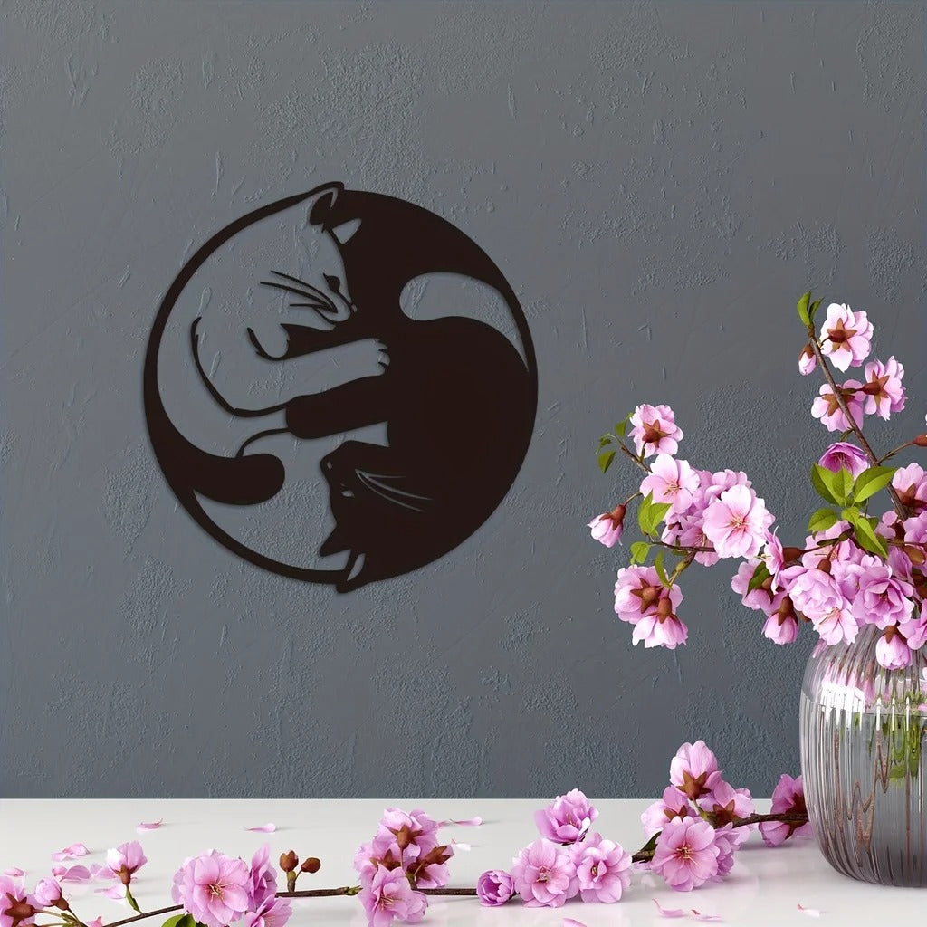 Metal Yin Yang Cat Wall Art Sculpture, Handmade Indoor