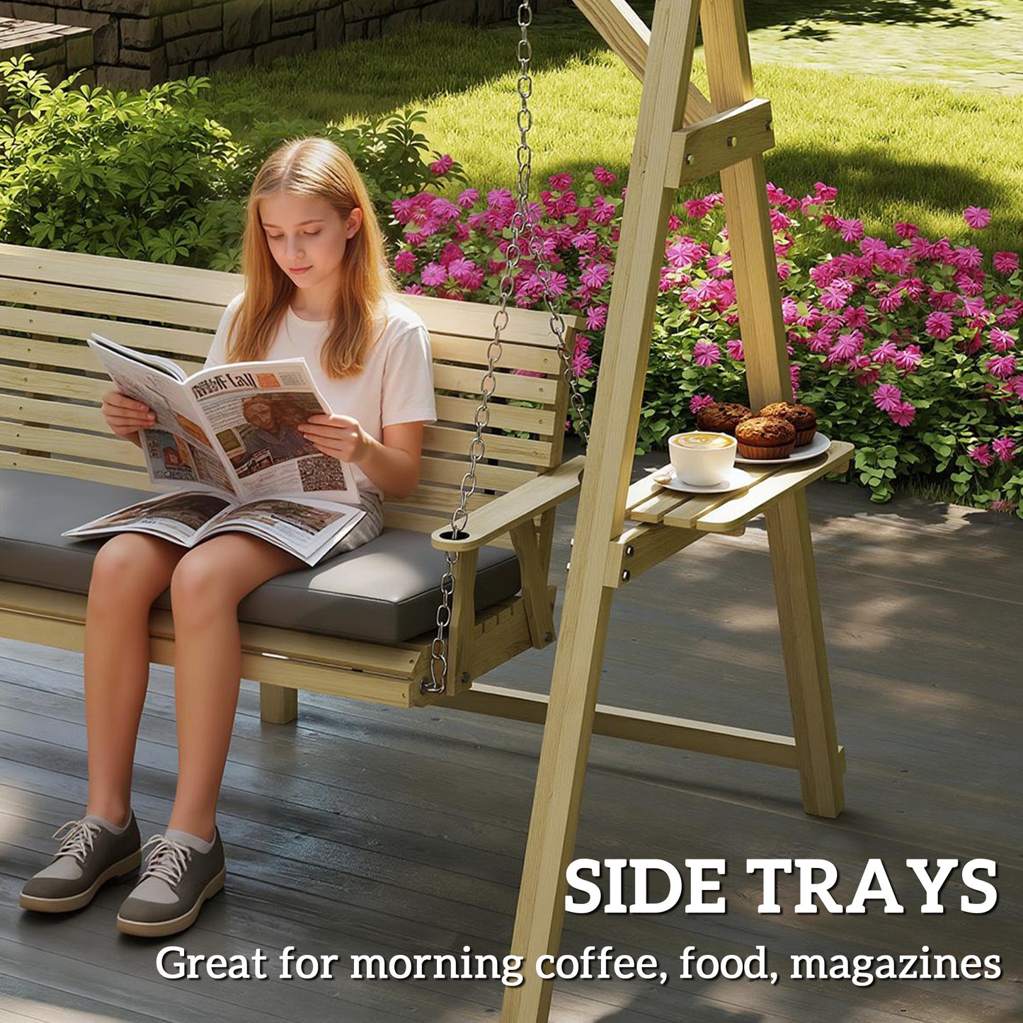 3 Seat Wooden Porch Swing with Stand, Patio Swing with Cushion, for Garden, Poolside, Backyard, Natural Wood