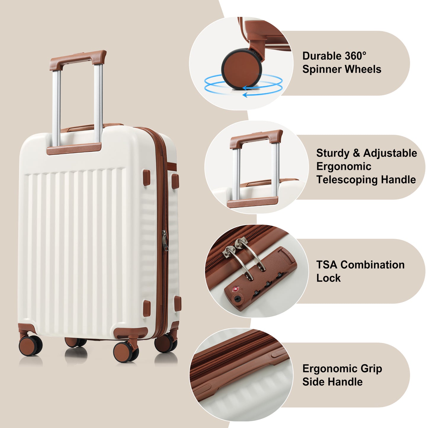 Luggage Set Of 3, 20inch With USB Port, Front Opening Design Airline Certified Carry On Luggage, ABS Hard Shell Luggage With Spinner Wheels,White And Brown