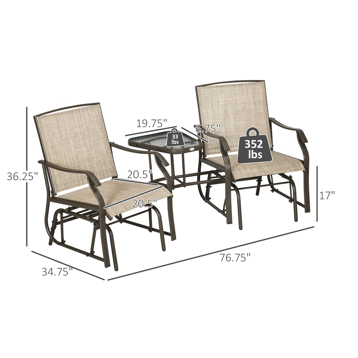 Outdoor Glider Chairs With Coffee Table, Patio 2-Seat Rocking Chair Swing Loveseat With Breathable Sling For Backyard, Garden, And Porch, Light Brown