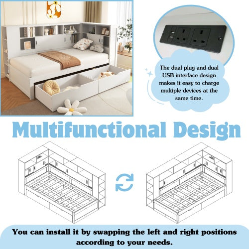 Platform Bed With Trundle  Bookcase  USB,Single Bed-3ft 90x190cm,Household Bed, Multifunctional Bed,with 2 Storage Drawers, Dust-proof Cabinet And Shelves, Large Storage Space,white