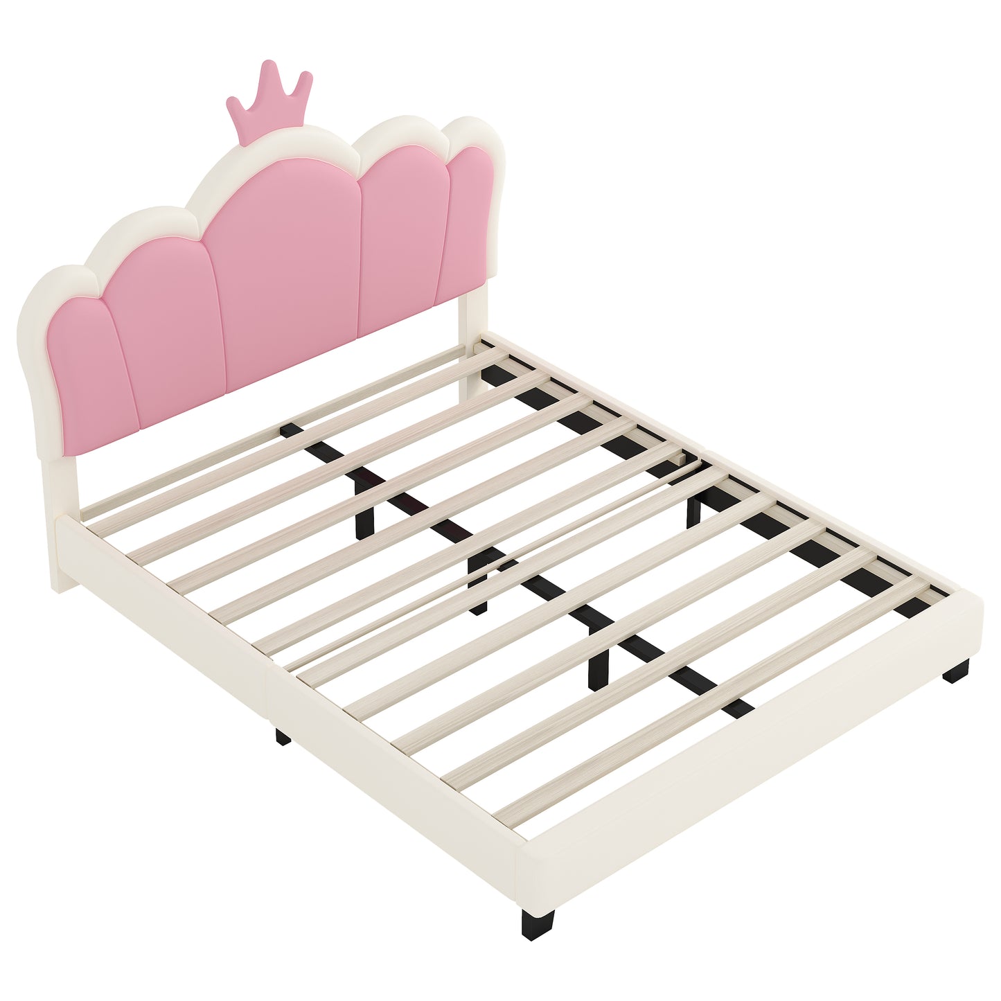 Full Size Upholstered Princess Bed With Crown Headboard,Full Size Platform Bed With Headboard And Footboard, Cream Pink