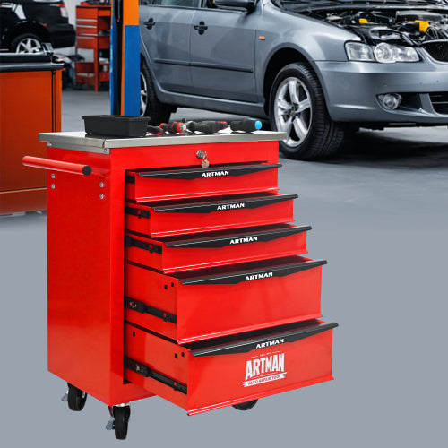 5 Drawers Multifunctional Tool Cart With Wheels,Metal Rolling Tool Cart Storage For Garage Workshop Warehouse Repair Shop--With Stainless Steel Roof--Red  Black