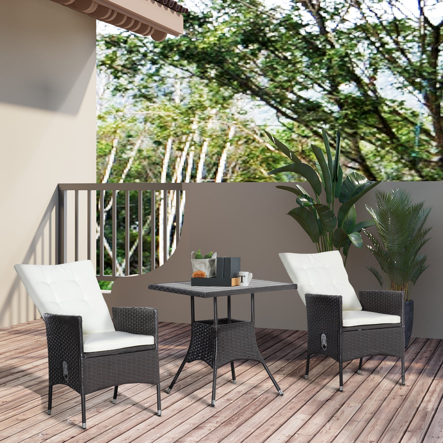 3 Piece Patio Bistro Set, PE Wicker Furniture Conversation Set W/ Tufted Cushion Reclining Chairs & Coffee Table, Cream