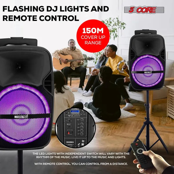 5 Core Party Speaker Bluetooth 250W Big Monster Powered Rechargeable Outdoor PA DJ System W Disco Lights 2 Wireless Karaoke Mics Portable Rolling Speakers W Handle Black - ACTIVE HOME 8 2-MIC