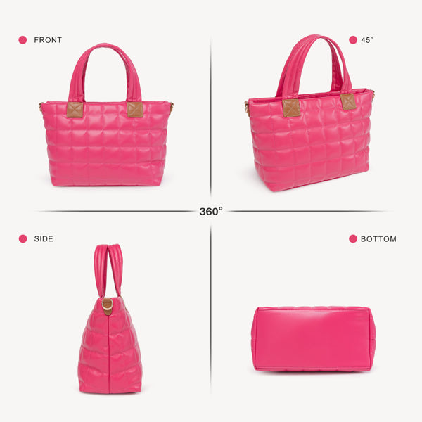Puffer Tote Bag For Women With Zipper, Quilted Puffy Bag Lightweight Crossbody Hobo Padded Handbag With Strap-Rose