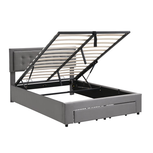 Upholstered Bed,Double Bed-4ft6 135x190cm, Velvet Fabric, Double Bed, Large Storage Space,With Slats And Headboard,Without Mattress,Grey
