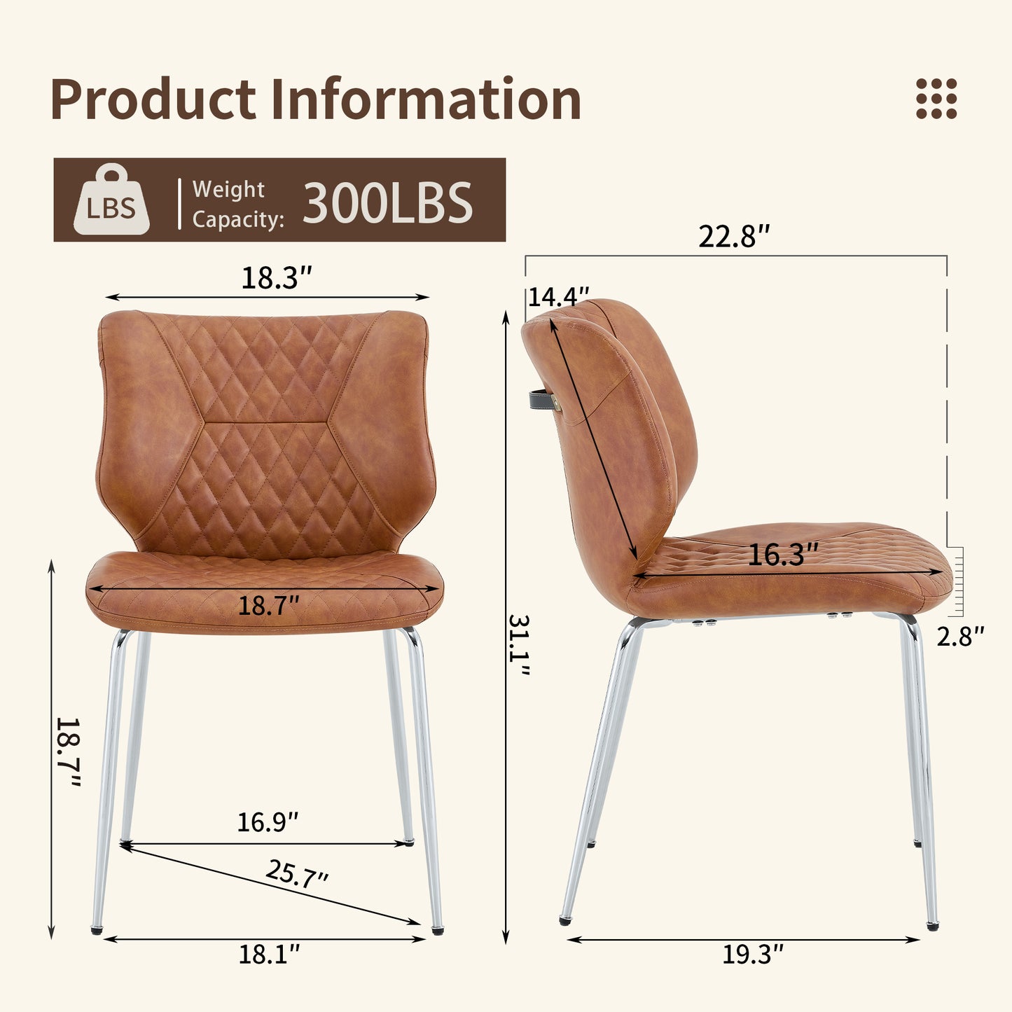 Dining Chairs Set Of 4, Brown Oil Waxed Leather Dining Chairs With Electroplated Metal Legs, Adjustable Non-Slip Foot Pads, Diamond-Tufted High Back Upholstered Dining Room Chairs  Brown, Set Of 4