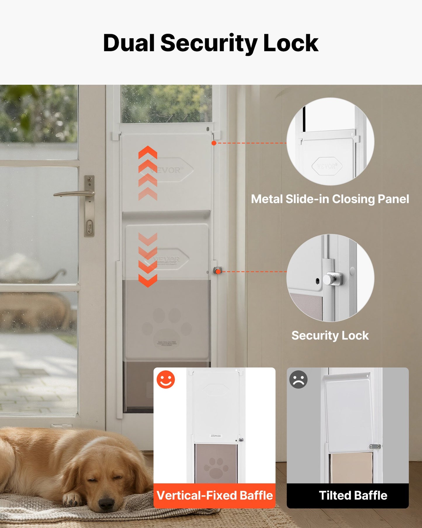 Dog Door For Sliding Glass Door, 91 To 96 In Adjustable Height, Aluminum Alloy Frame With Metal Rotating Hinges, Lock Design, 10 1/4 X 16 1/4 In Flap, Sliding Glass Pet Door For Renters