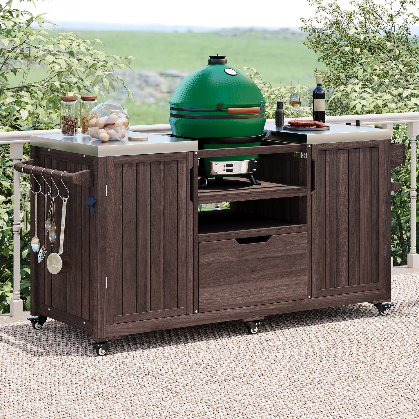 K&K 66.5 Outdoor Kitchen Island, Solid Wood Outdoor Grill Cart, Equipped With Stainless Steel Countertop And Drawers, Compatible With Large Green Egg Grill, Carducci Dark Brown.